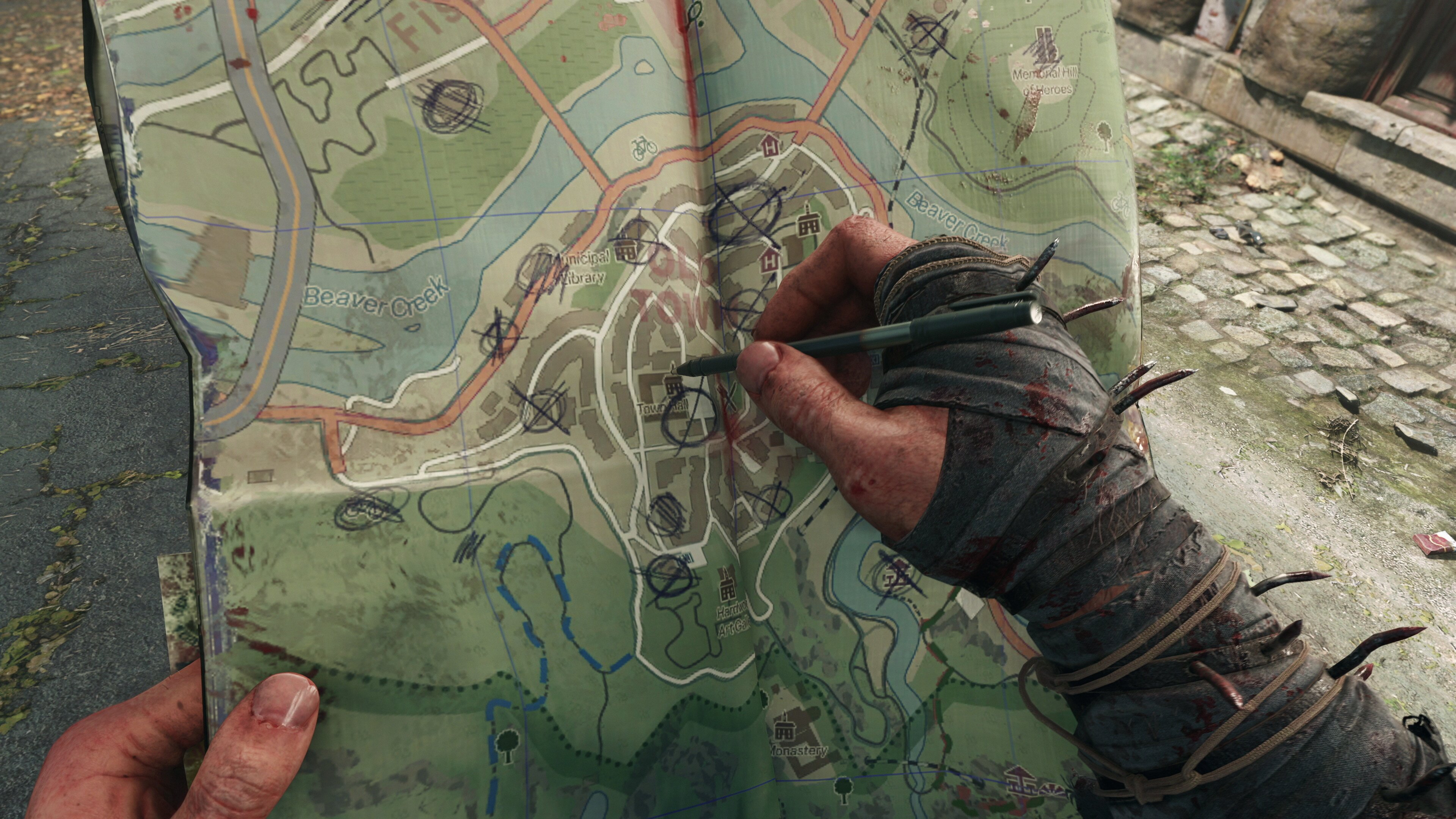 Dying Light the Beast restored land update screenshot of Kyle noting something down on his map