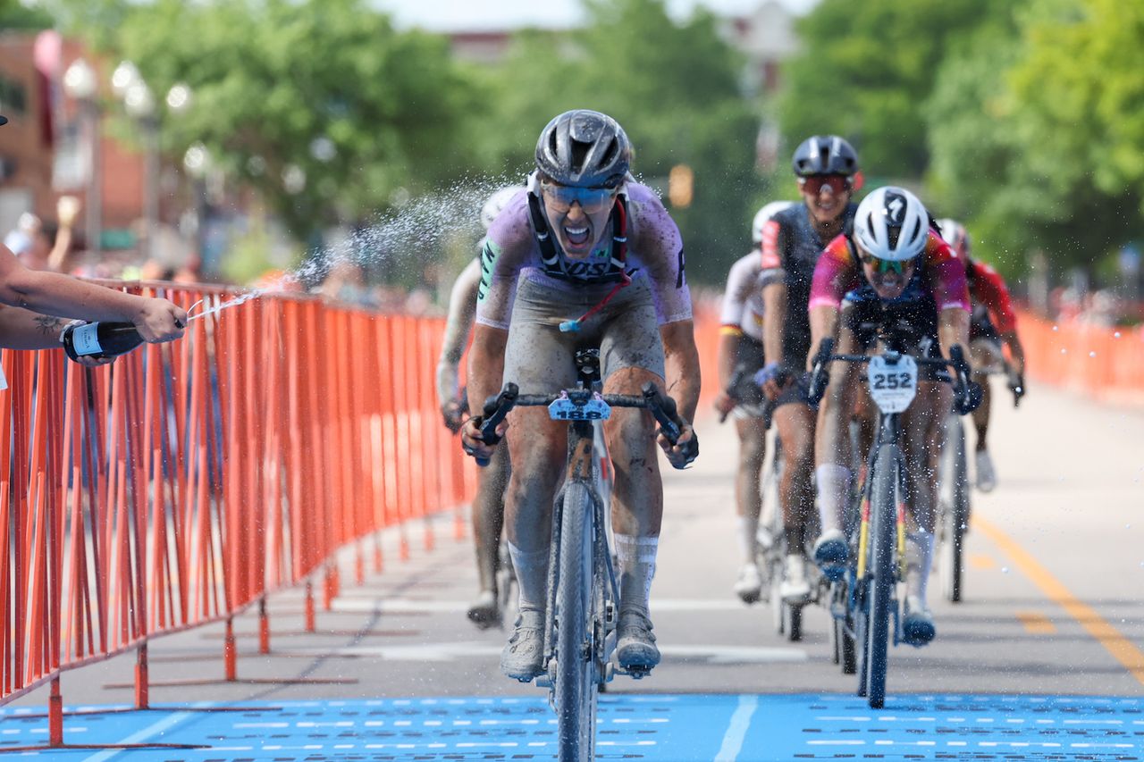 Rosa Kl&ouml;ser crosses the line in Emporia to claim victory in the pro women's Unbound Gravel 200, 2024