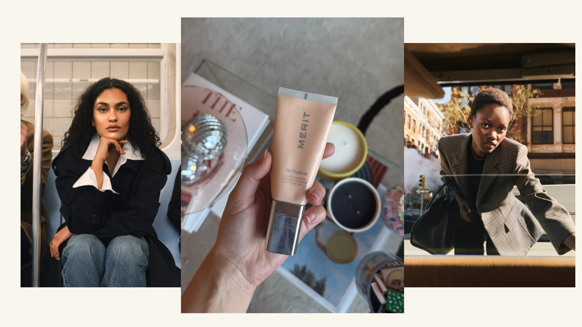 Collage of Jamie Schneider testing Merit's new SPF and campaign images