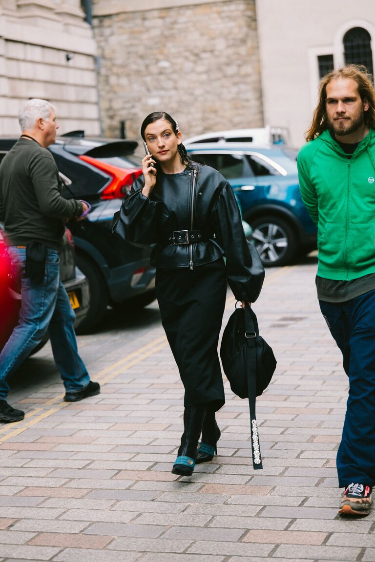 @sarahellentreacher shows a London fashion week attendee in a Simone Rocha Biker jacket