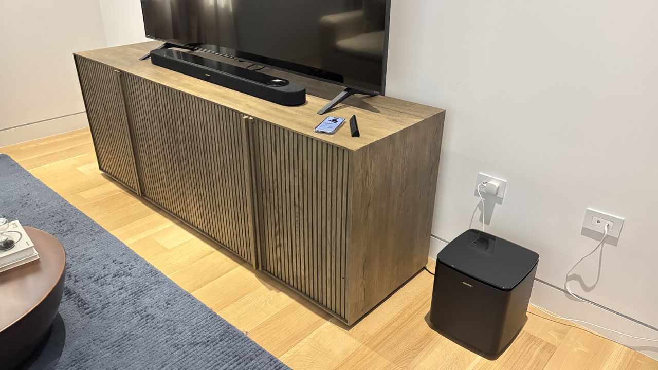 Bose Lifestyle Ultra Soundbar in black with the Lifestyle Ultra Subwoofer