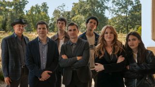From left to right: Woody Harrelson, Jesse Eisenberg, Dominic Sessa, Dave Franco, Justice Smith, Isla Fisher and Ariana Greenblatt in Now You See Me: Now You Don't.