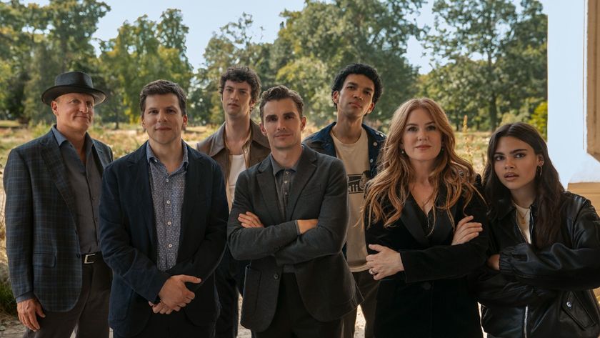 From left to right: Woody Harrelson, Jesse Eisenberg, Dominic Sessa, Dave Franco, Justice Smith, Isla Fisher and Ariana Greenblatt in Now You See Me: Now You Don&#039;t. 