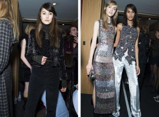 3 models wearing black trousers and short velvet jacket, long sliver striped dress, silver trousers with grey lace top