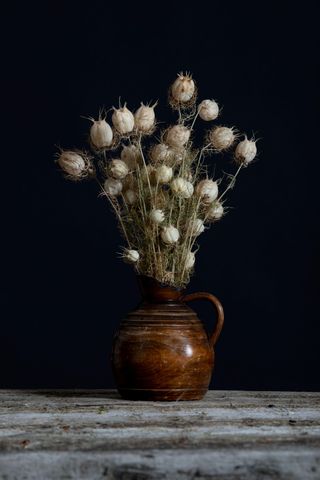 Dried seed pods in a dark brown vase