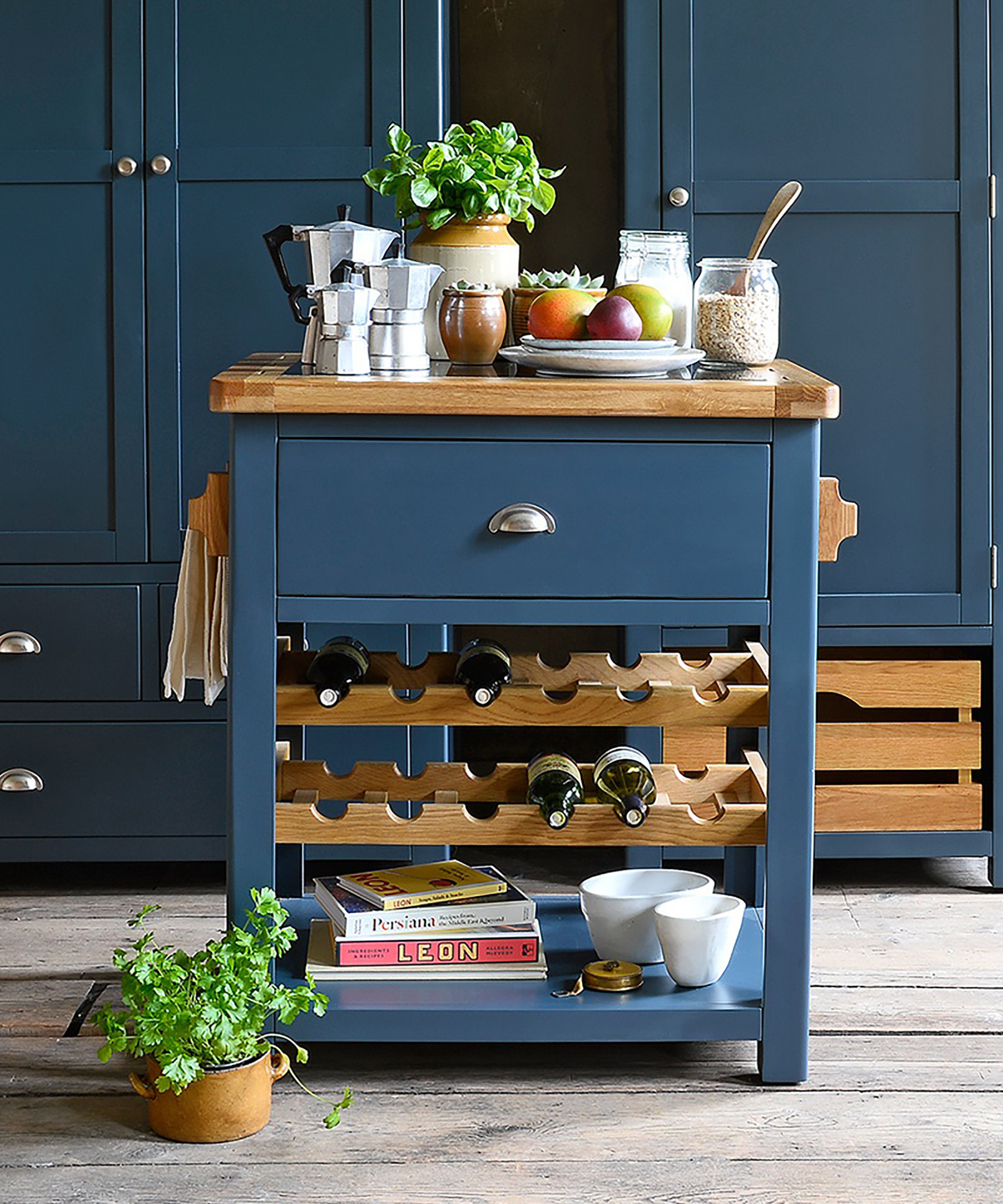 blue portable farmhouse style kitchen island