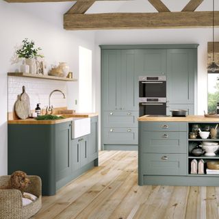 Shaker kitchen with wood tops and floors