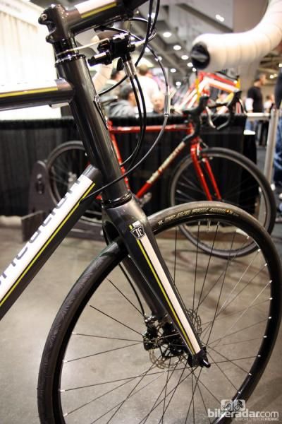 True Fabrications builder Clark Davidson says the owner of this bike is really tall, thus the incredibly long head tube on this all-road bike.