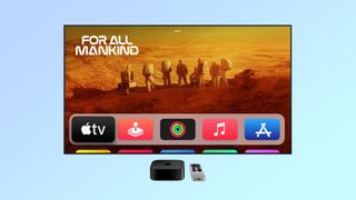The Apple TV 4K (2022) and remote below a TV tuned to the tvOS home screen with a graphic for For All Mankind