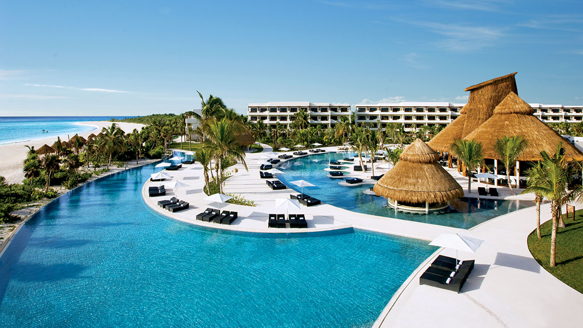 Aerial view of the pool and beach at Secrets Maroma Beach Riviera Cancun