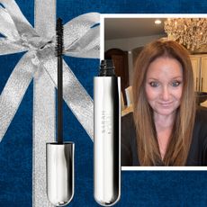 mature woman in a gift wrap with sarah creal makeup products