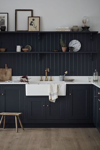 Haddon Charcoal kitchen cabinets with white apron front butlers sink and shiplap walls