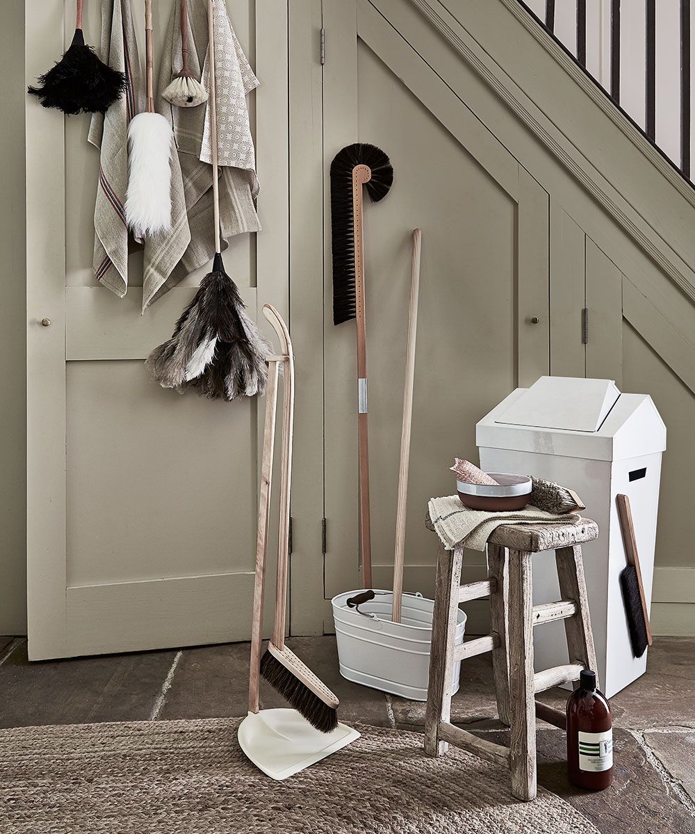 Cleaning closet with cleaning items in front
