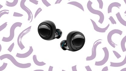 Amazon Echo Bud earphones on a lilac swirl background