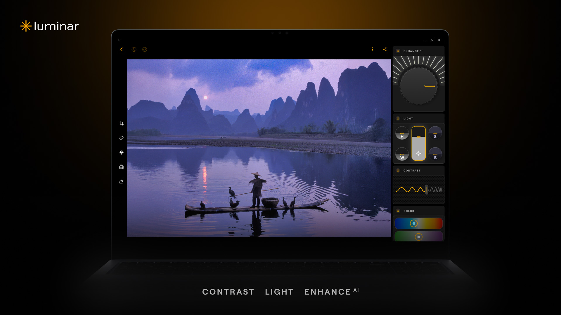 Skylum Luminar: Photo Editor running on Chromebook with image of person fishing on a lake with mountains behind
