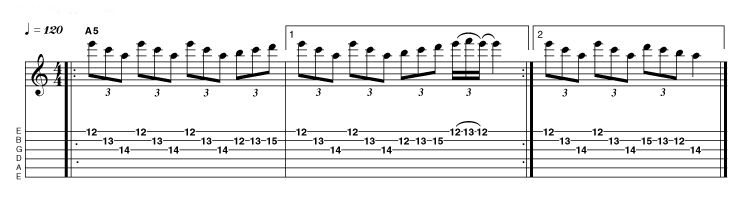 Here we're seamlessly making the transition from a minor triad arpeggio to a connecting fragment based around the associated diatonic minor scale. See if you can come up with a selection of variations based around this idea. Once again, the rhythm and flow of each phrase is a crucial factor in determining the eff ectiveness of each new musical idea.