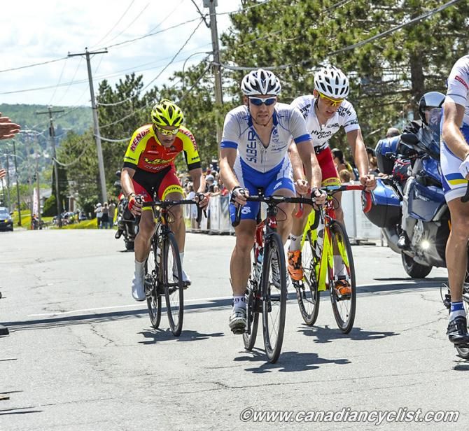 Bruno Langlois (5HR Energy) and Ryan Roth ( Silber Pro Cycling Team) start the final stage with Asbjorn Kragh (Christina Watches - Kuma), who lost the Points Jersey and third overall