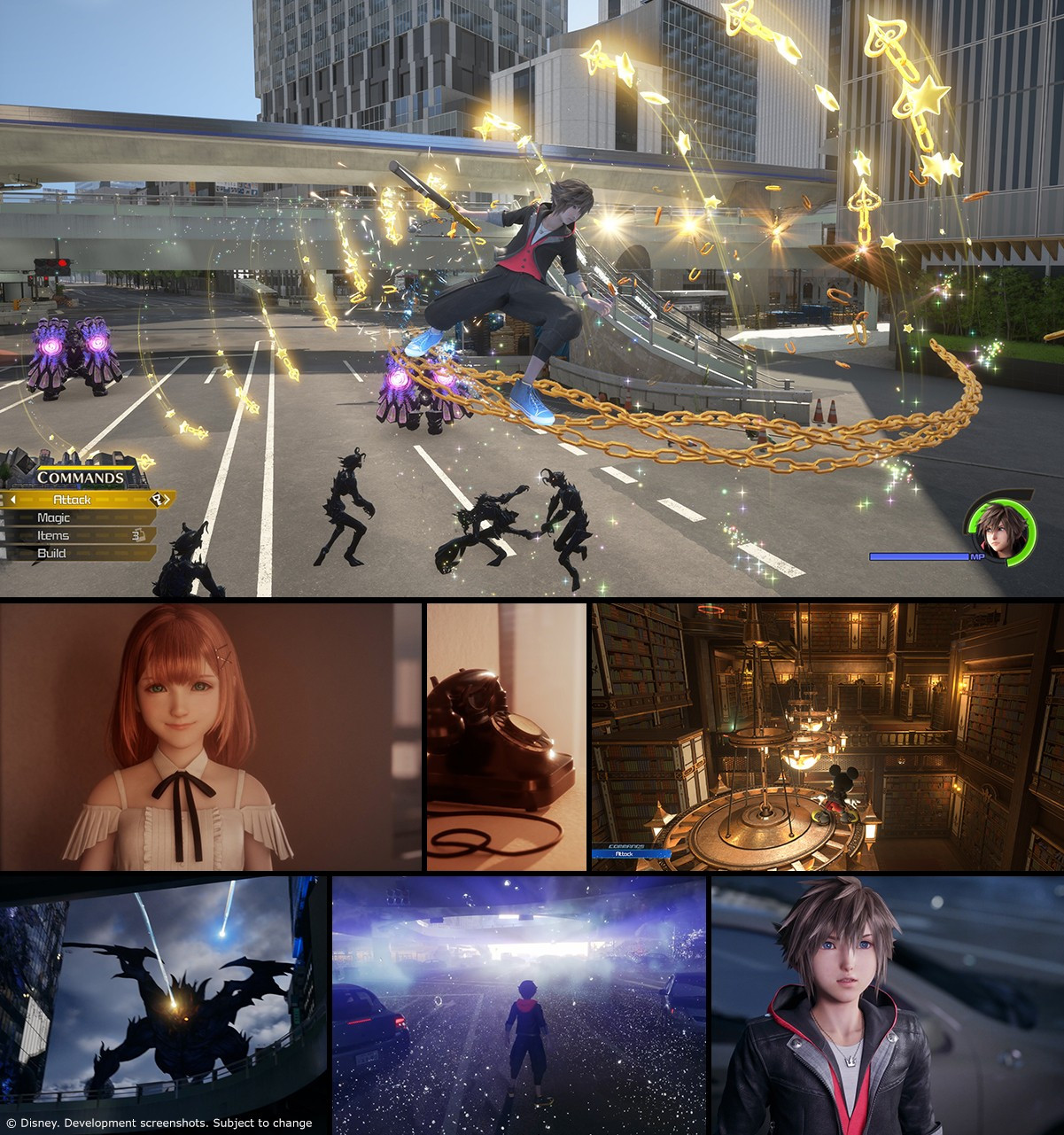 A collage of screenshots from Kingdom Hearts 4, showing Sora in action, a playable Mickey Mouse section, and a weirdly photorealistic close-up of an old telephone.