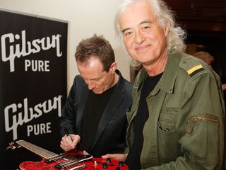 Led Zeppelin legends Jimmy Page and John Paul Jones signing the ES-335