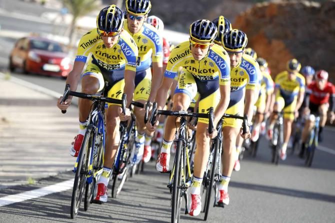 Roman Kreuziger and Alberto Contador lead the group ride.