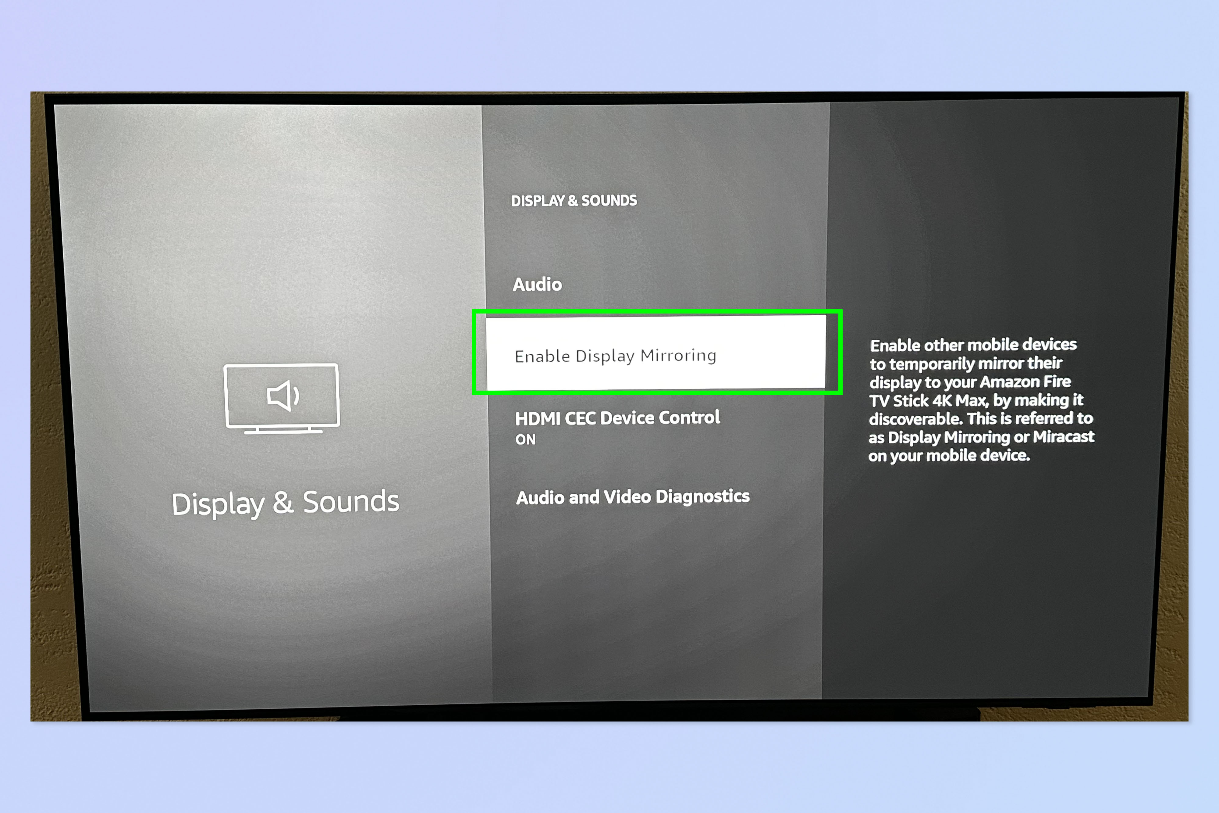 A screenshot showing how to enable screen mirroring on FireTV