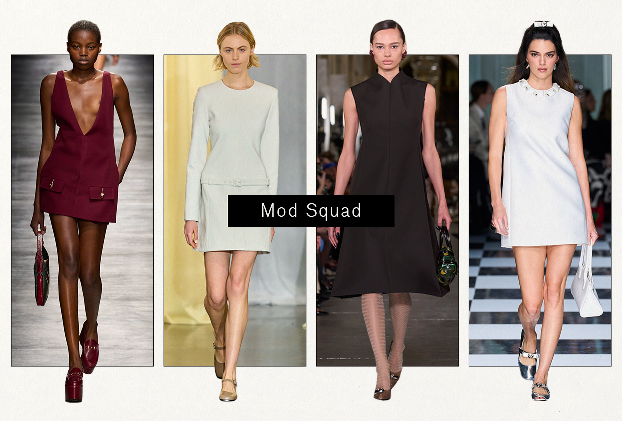a collage of models wearing mod '60s dresses on the spring and fall 2024 runways