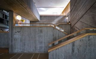 Indoor stairwell with grey walls