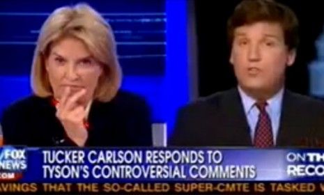 Fox News host Greta Van Susteren and Tucker Carlson were still at odds at the end of a heated seven-minute debate over Mike Tyson&amp;#039;s extremely graphic comments about Sarah Palin.