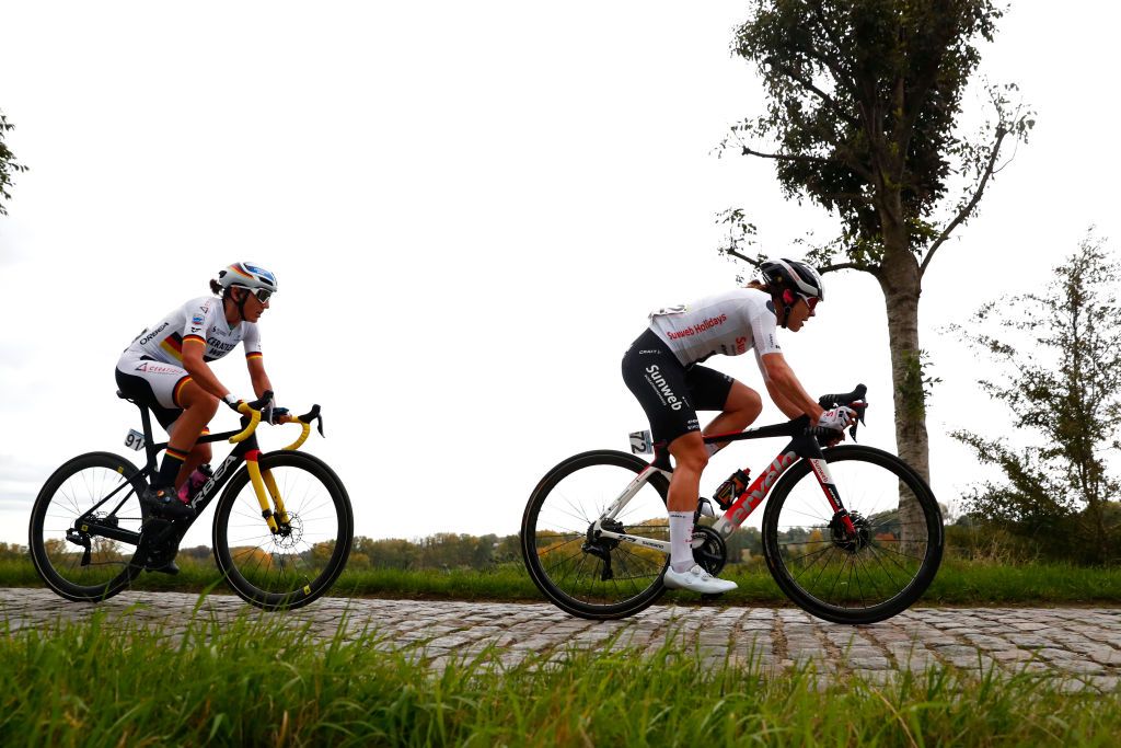 OUDENAARDE BELGIUM OCTOBER 18 Lisa Brennauer of Germany and Ceratizit WNT Pro Cycling Team Alison Jackson of Canada and Team Sunweb during the 17th Tour of Flanders 2020 Ronde van Vlaanderen Women Elite a 1356km stage from Oudenaarde to Oudenaarde RVV20 FlandersClassic on October 18 2020 in Oudenaarde Belgium Photo by Bas CzerwinskiGetty Images
