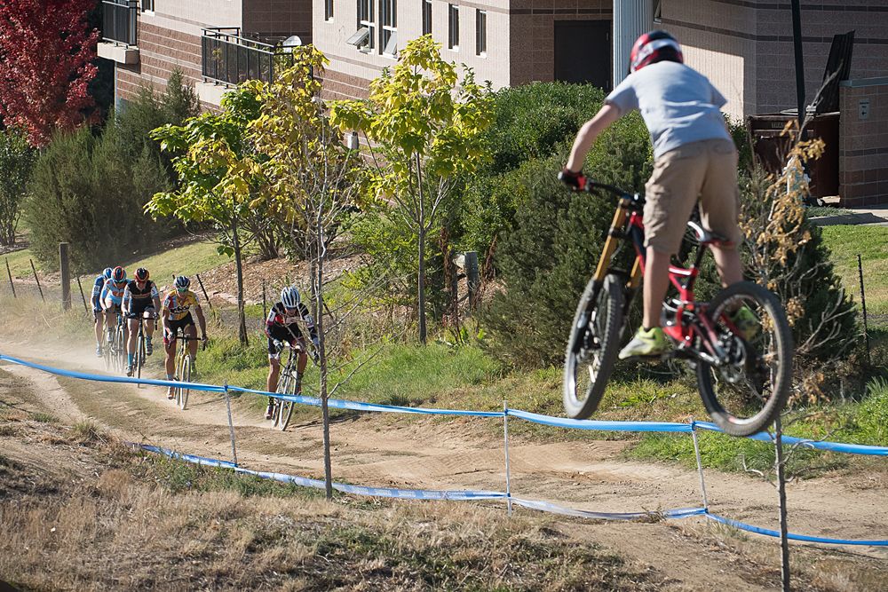 A rider on the pump and jump track appears to get an aerial view of the women's race.