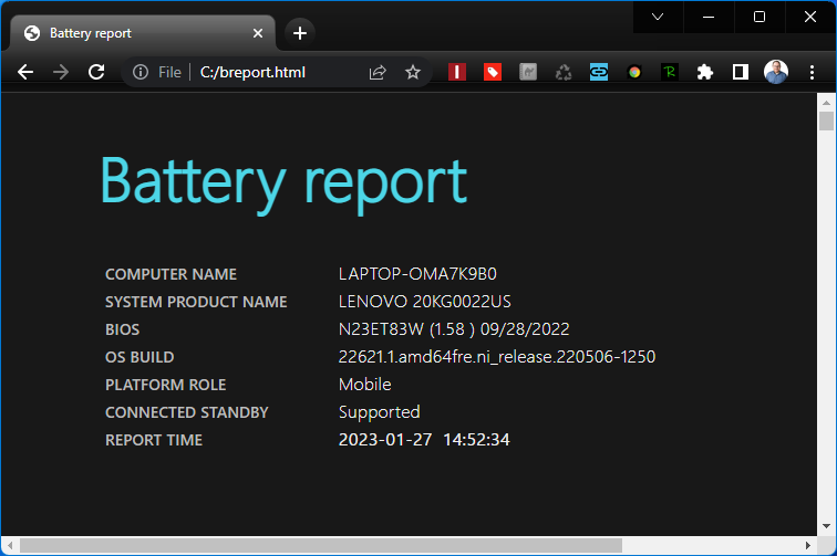 Raport baterie Windows