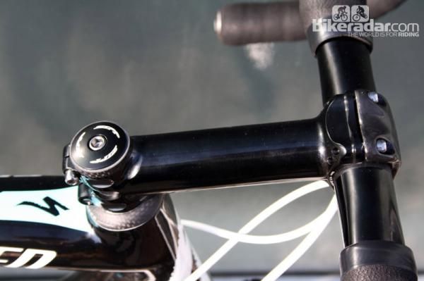 Tom Boonen (Omega Pharma-Quick Step) runs an unusually long and low position with a 140mm stem. This FSA stem was fitted only until Zipp came out with its own 140mm size.