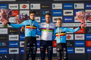 UCI Cyclocross World Championships 2023 - Hoogerheide Men Elite - 05/02/2023 - Mathieu Van Der Poel (NED) - Wout Van Aert (BEL) - Iserbyt Eli (BEL) - photo Dion Kerckhoffs/CV/SprintCyclingAgencyÂ©2023