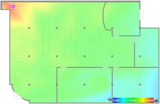 Heat map showing Wi-Fi signal strength in the Purch Labs workspace. Eero unit acting as router indicated by star in upper left corner. Red indicates strongest signal, blue weakest. Credit: Purch Labs