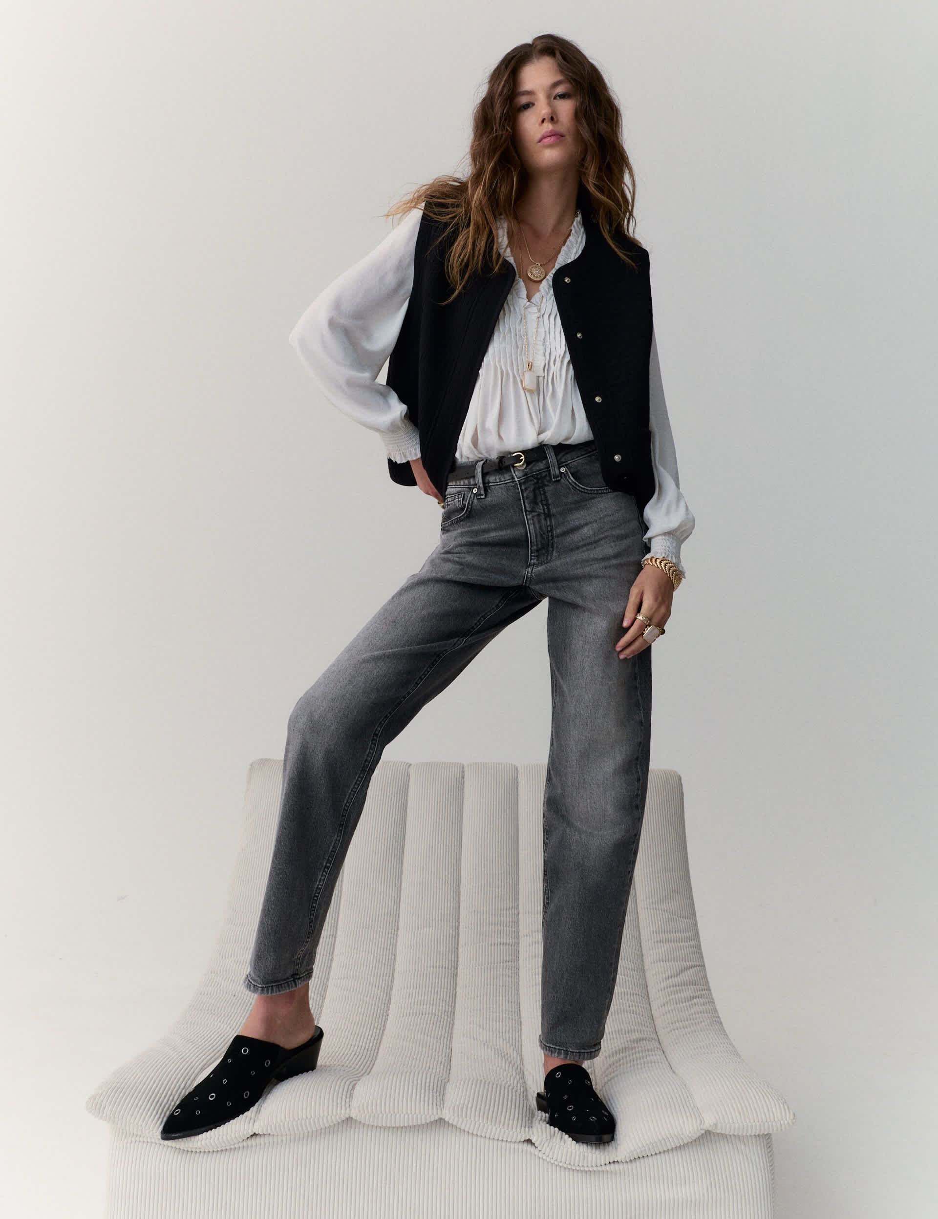 Girlfriend Mid Rise Turn Up Jeans With Lyocell