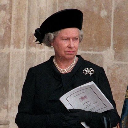 The Queen wearing all black leaving Westminster Abbey after Princess Diana's funeral service, September 6, 1997