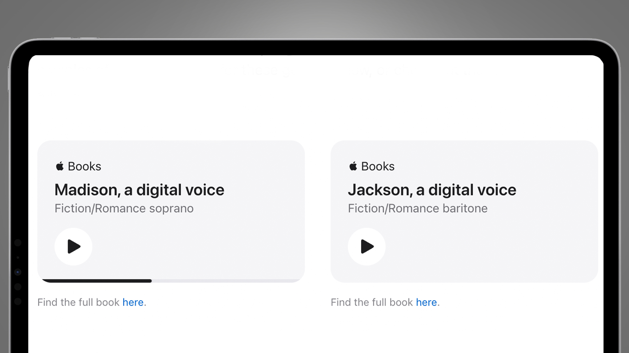 A tablet screen showing Apple's AI audiobook narrators