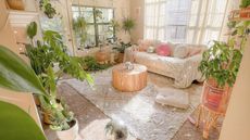 A small living room with plants, a couch, a rug, and a disco ball