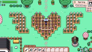 A screenshot of a player using farming powers to water crops during the new farming game, Fields of Mistria.