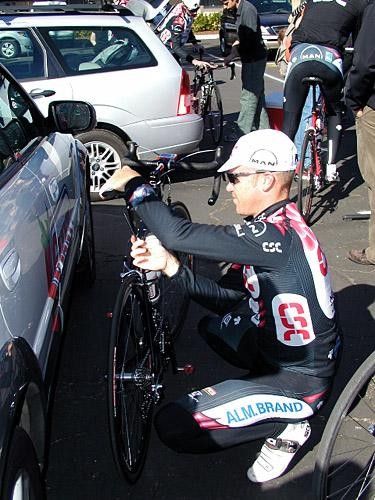 Stuart O'Grady makes sure his bike is dialled in before riding