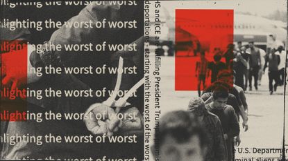 Photo composite illustration of suspected illegal immigrants being arrested by DHS officers, and deportees arriving by air in Guatemala, overlaid with text from the DHS website