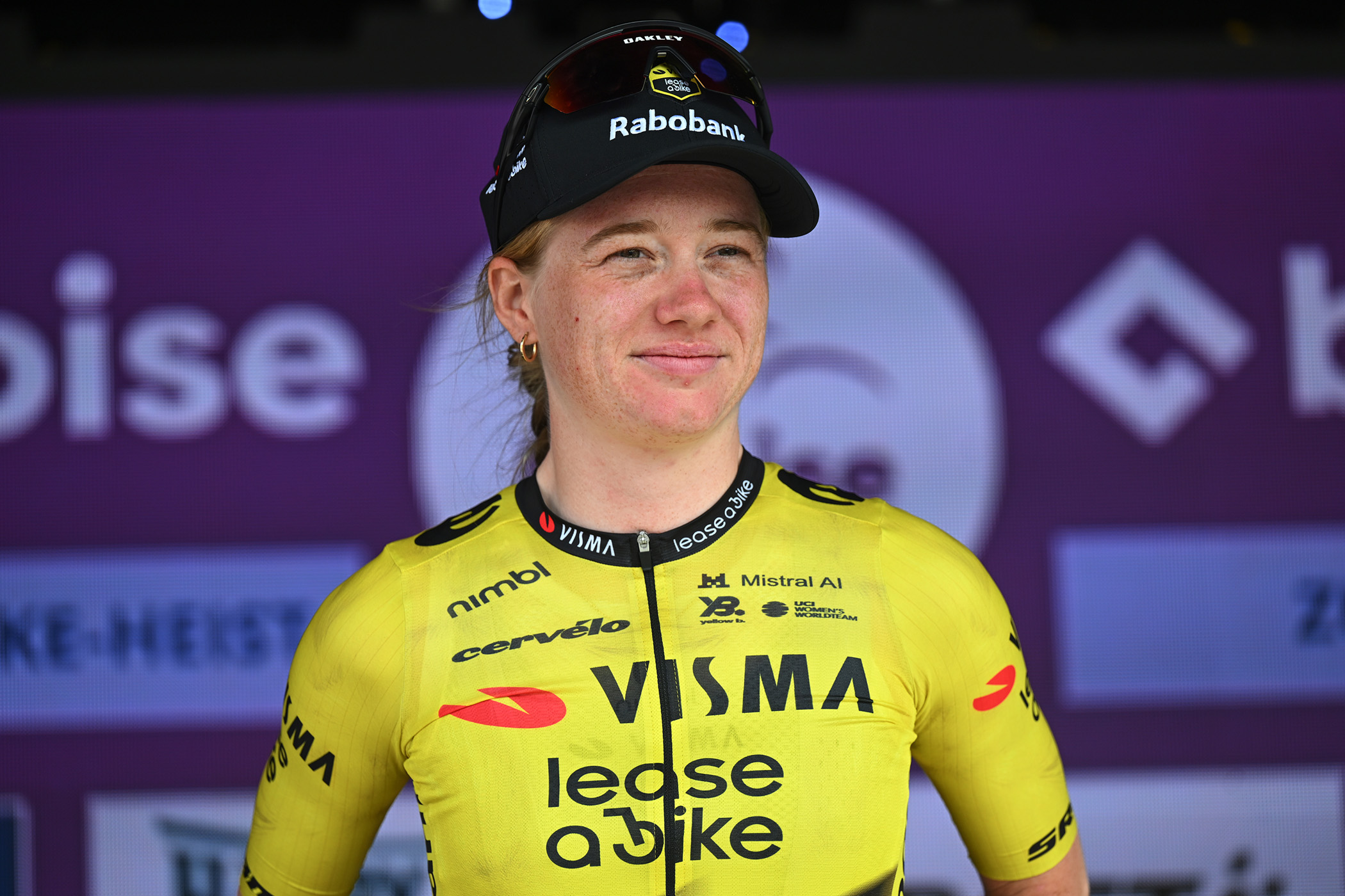 Nienke Veenhoven on the podium after winning stage 4 of the Baloise Ladies Tour