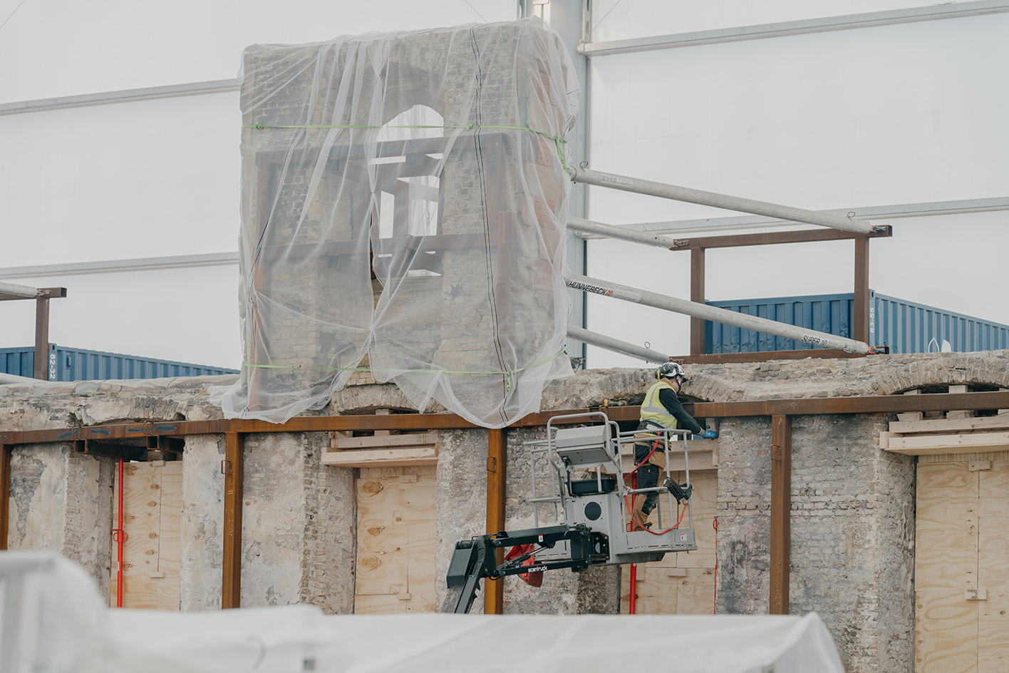views of b&amp;oslash;rsen visitor centre, a space within the damaged b&amp;oslash;rsen in Copenhagen as it undergoes restoration