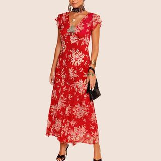 flat lay image of red floral dress