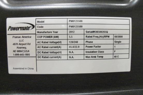 Powermate information plate on rear of generator