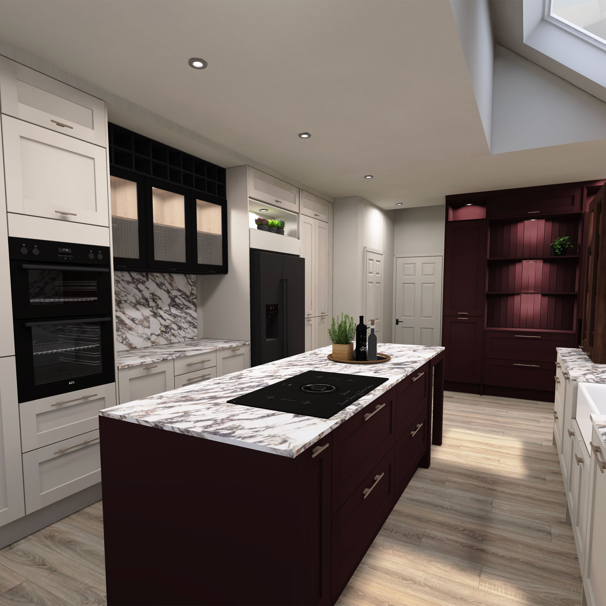 CGI rendering of kitchen with island and skylights