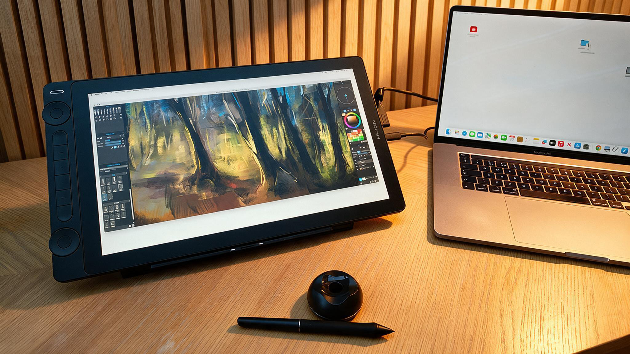 A drawing tablet on a wooden table