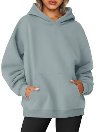 Automet Übergroße Sweatshirts für Damen 2024 Herbstkleidung Fleece Lässige Kapuzenpullover Sweatshirts Langarm Modehemden mit Taschen Hellgrün M