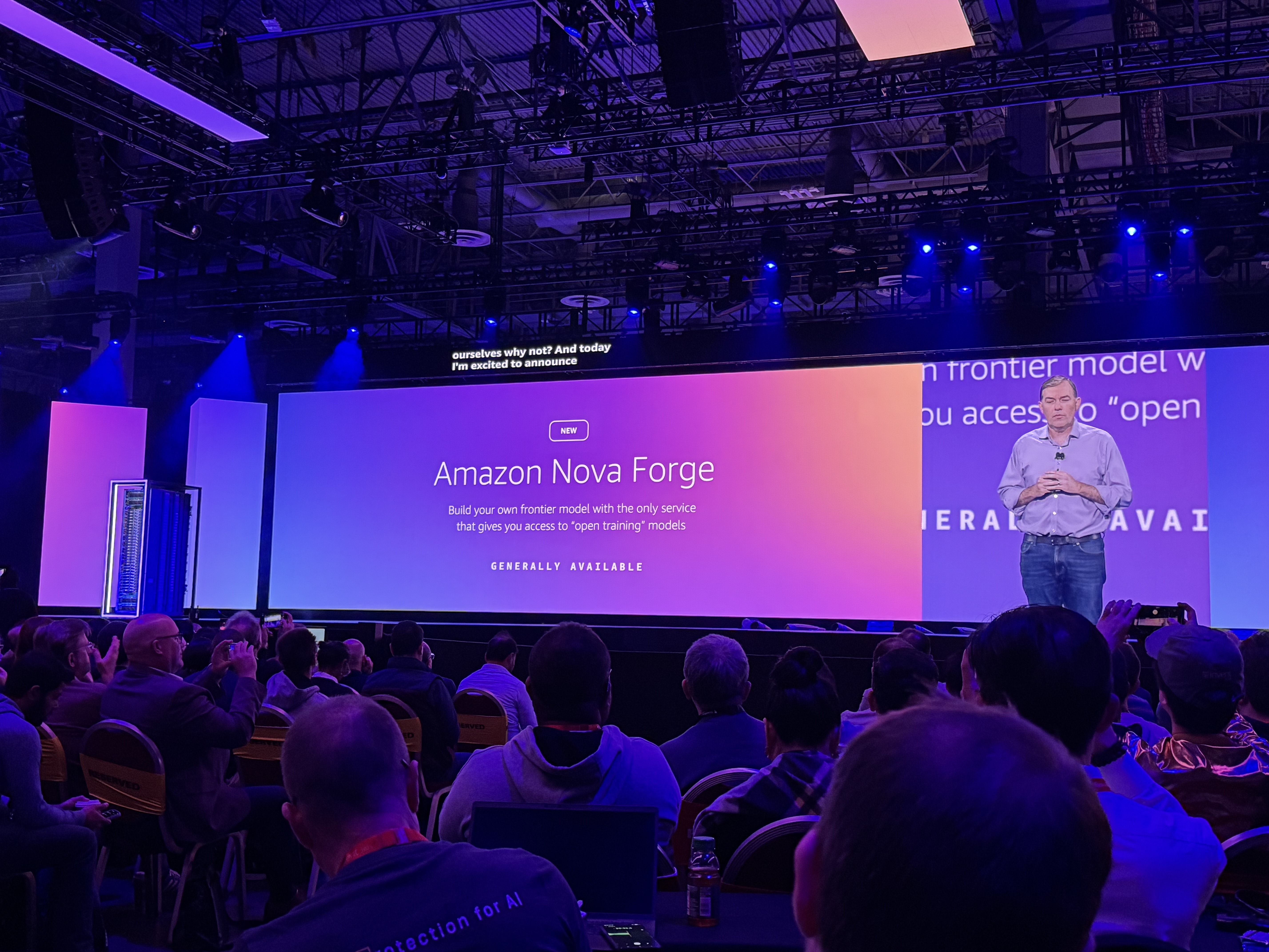 Amazon Nova Forge announcement during the AWS re:Invent opening keynote in Las Vegas, Nevada.