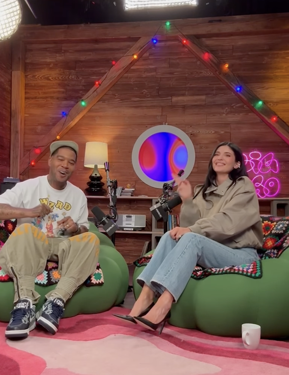 Kylie Jenner went on Kid Cudi's new podcast in a bomber jacket, straight-leg jeans, and pointy pumps